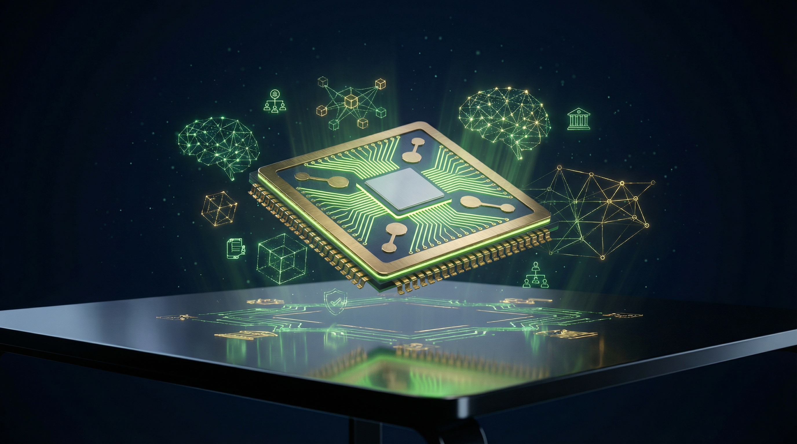 Futuristic AI governance processor chip with gold circuits and neural network patterns representing board-level technology oversight