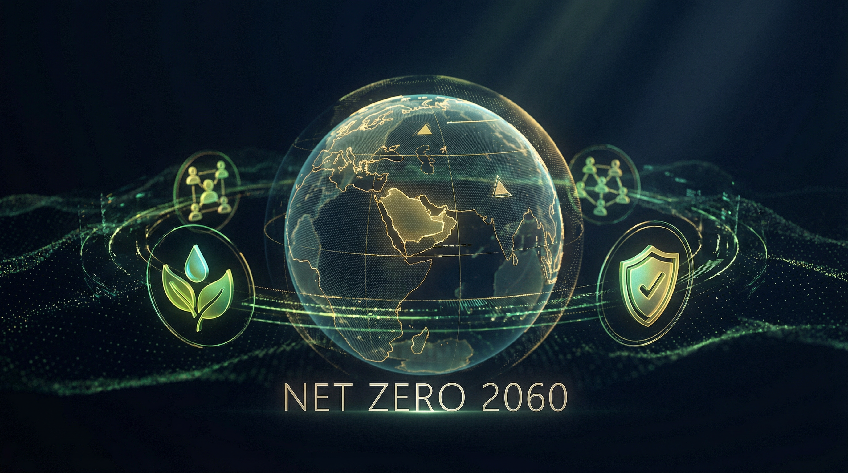 ESG governance globe focused on Arabian Peninsula with environmental, social, and governance holographic icons and Net Zero 2060 commitment