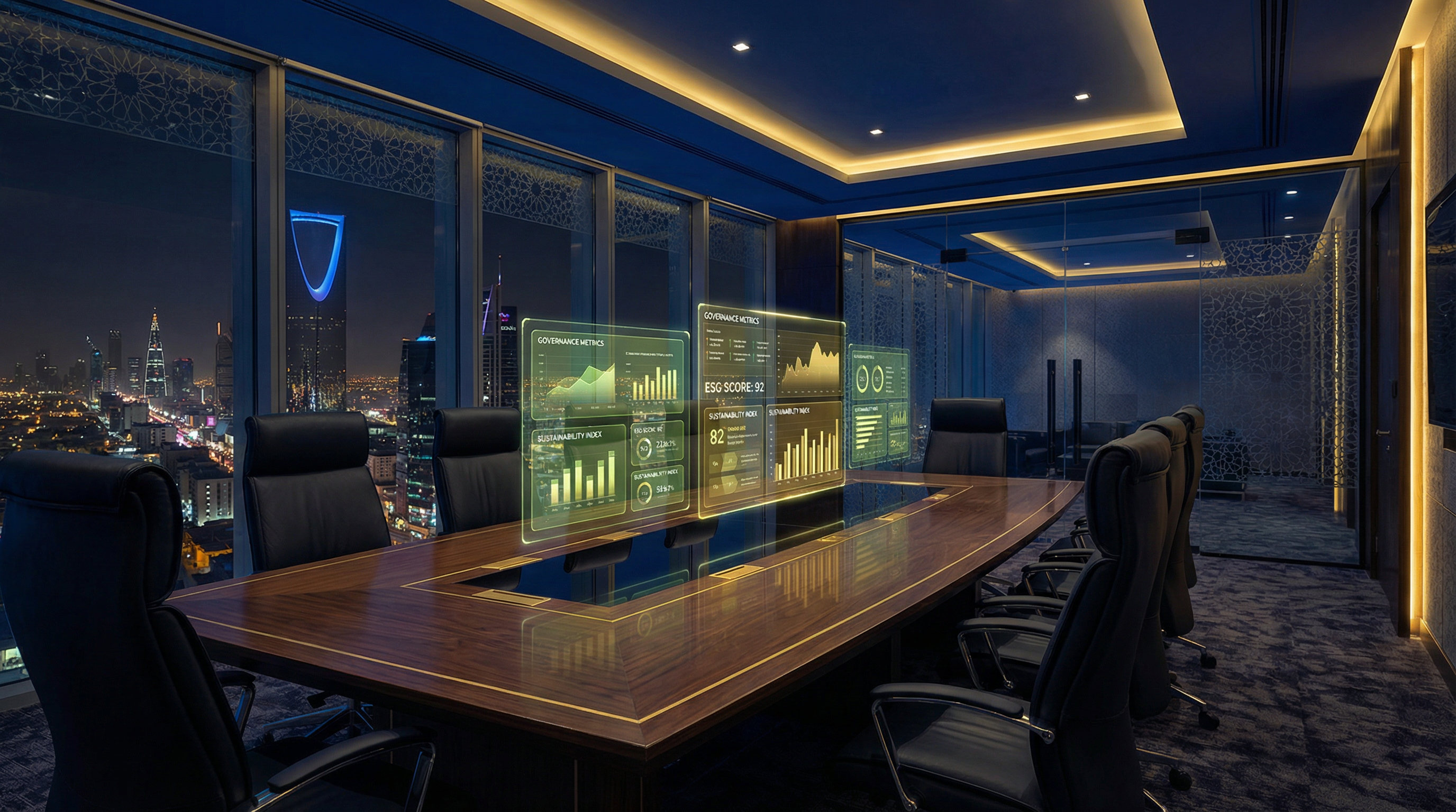 Luxury Saudi boardroom with holographic governance metrics and ESG score displays overlooking Riyadh at night