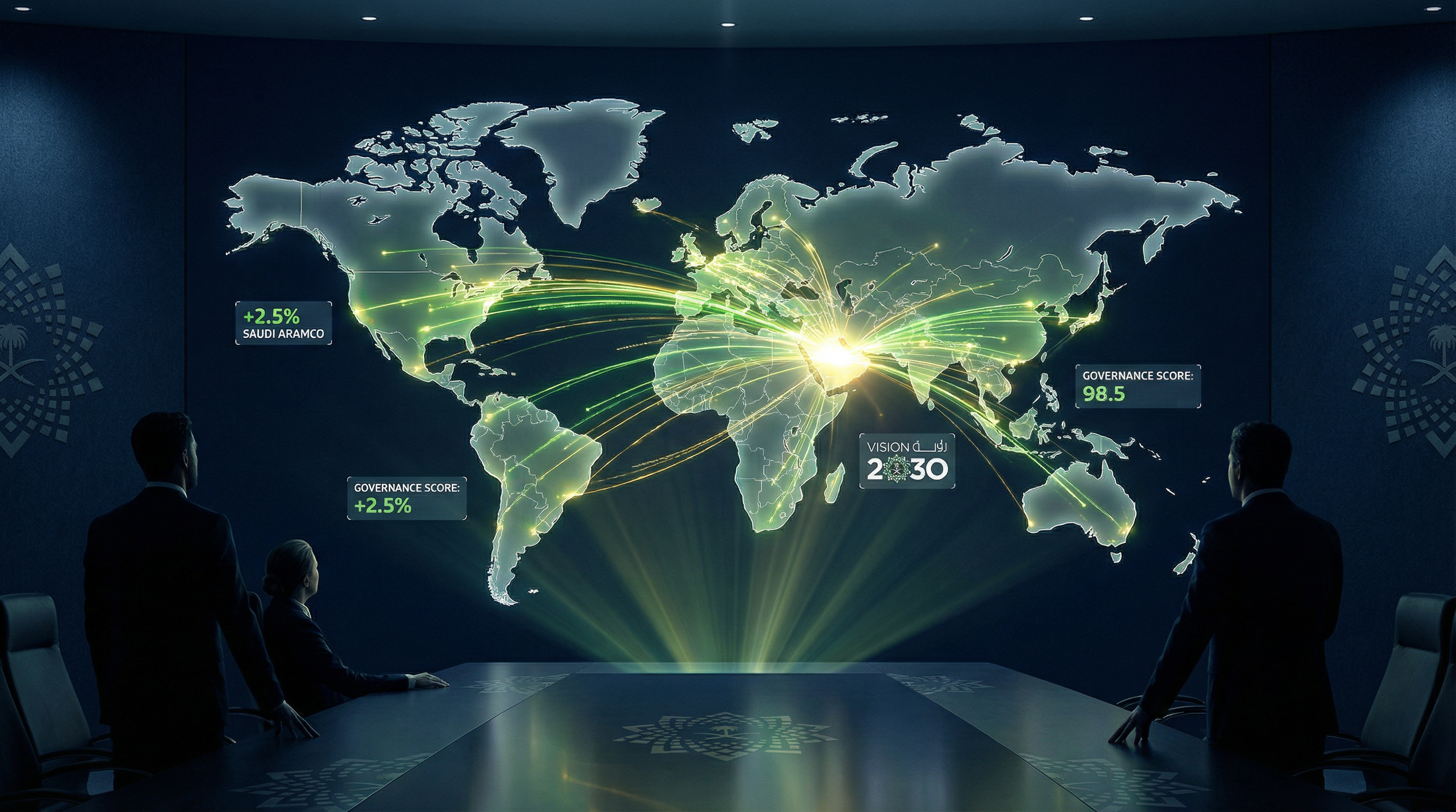 Global investment flows converging on Saudi Arabia with governance score indicators and Vision 2030 branding