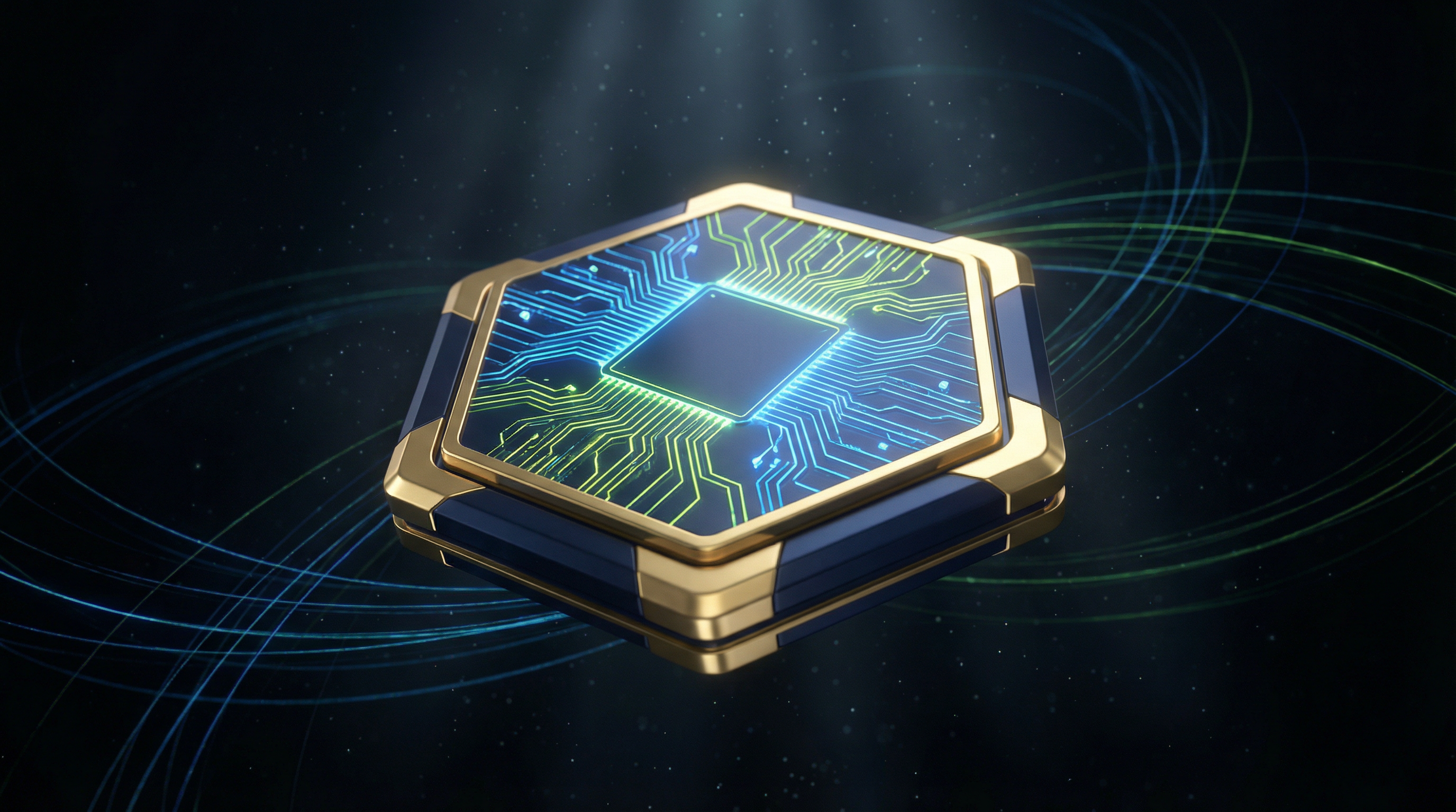 Futuristic quantum computing processor chip with gold and blue circuits