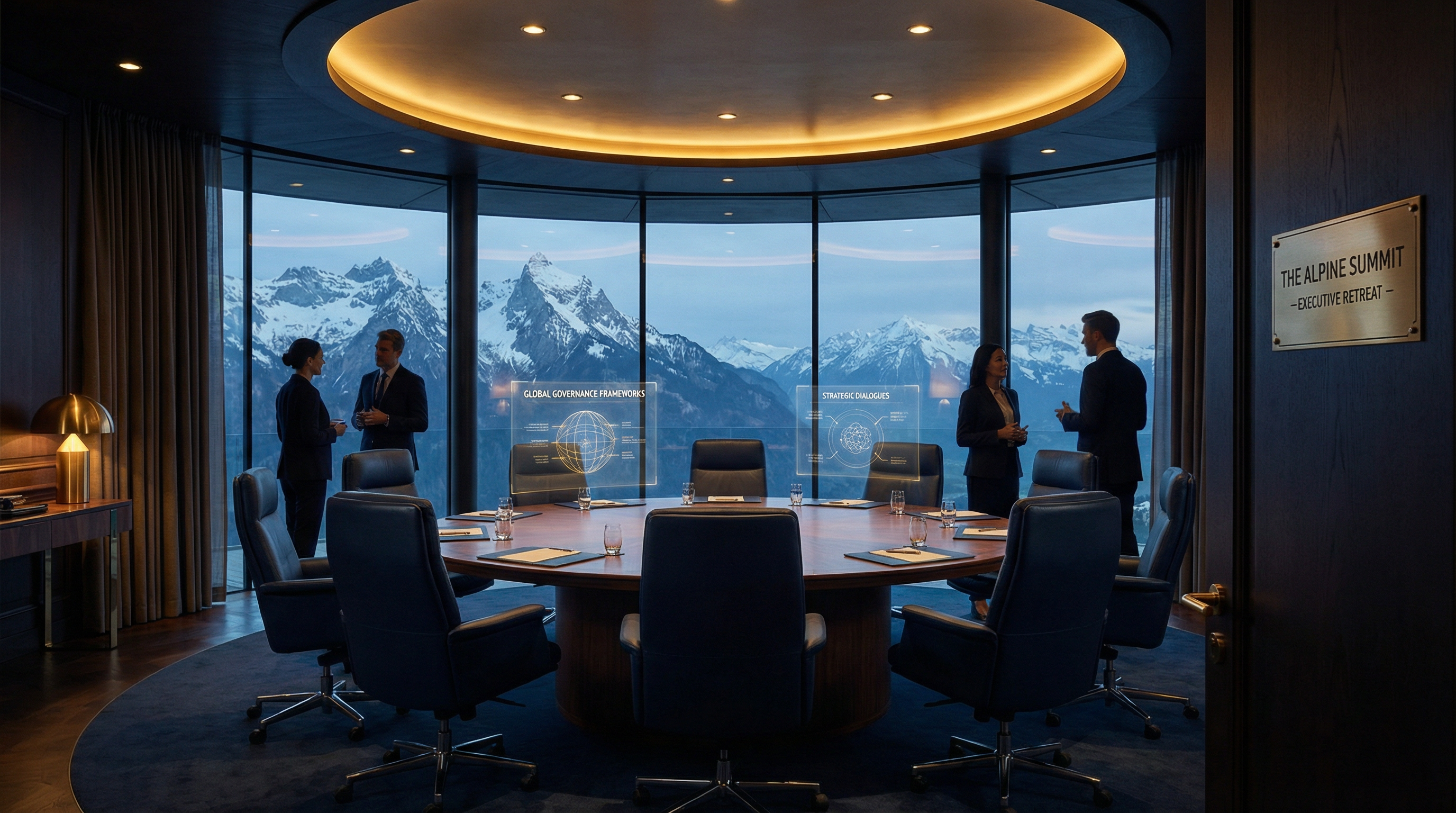 Exclusive executive retreat conference room overlooking Swiss Alps with holographic governance displays